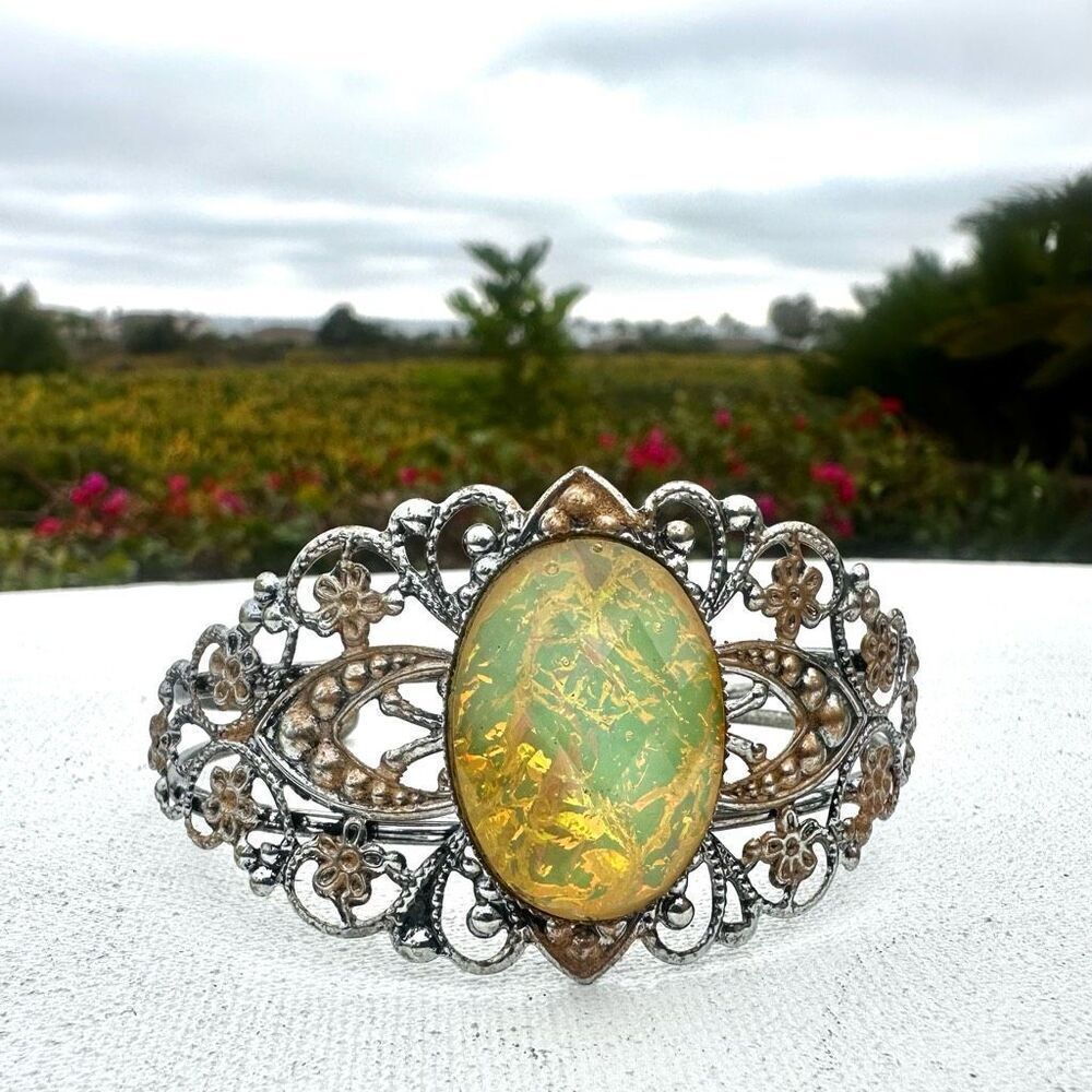 Silver tone yellow beaded filagree open cuff bracelet
